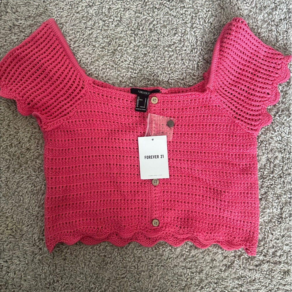 Forever 21 Pink Puff Sleeve Ribbed Blouse